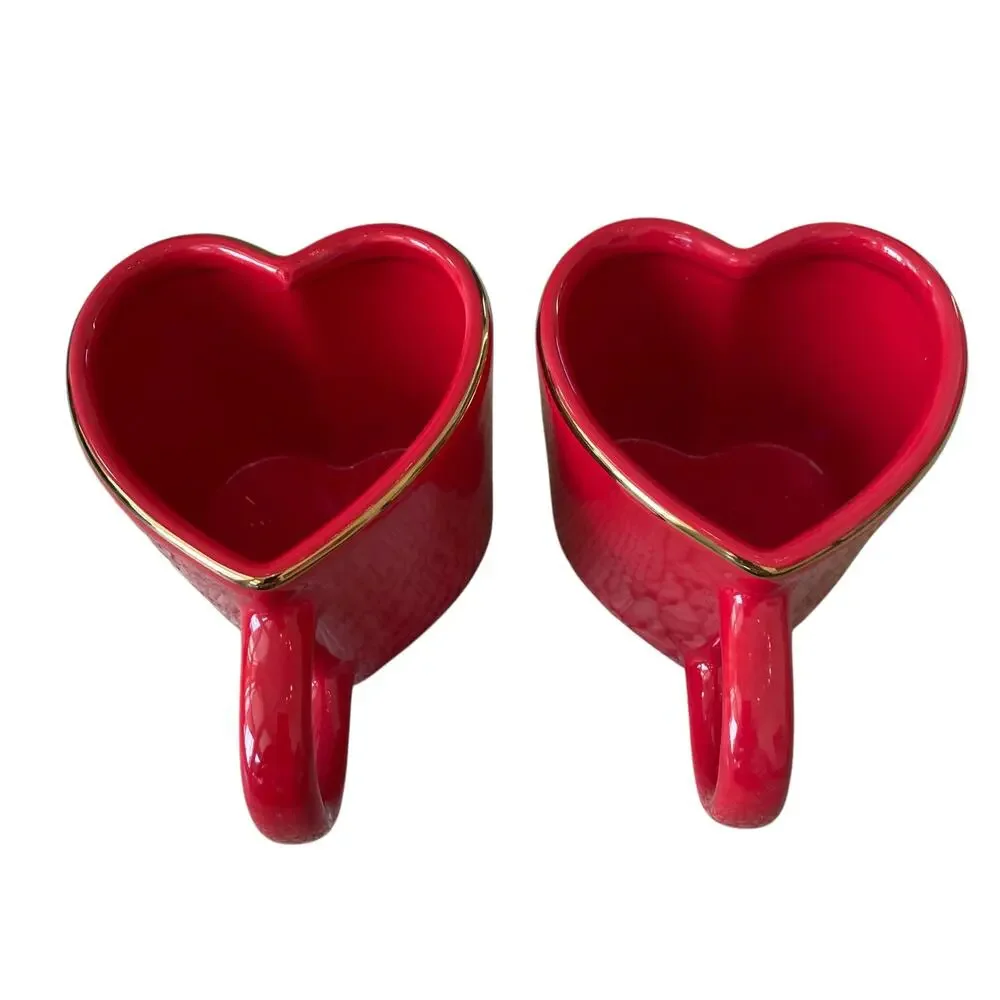Target Threshold Heart Shaped VALENTINE Mugs Red Gold Rim 14.3oz Set of 2 New